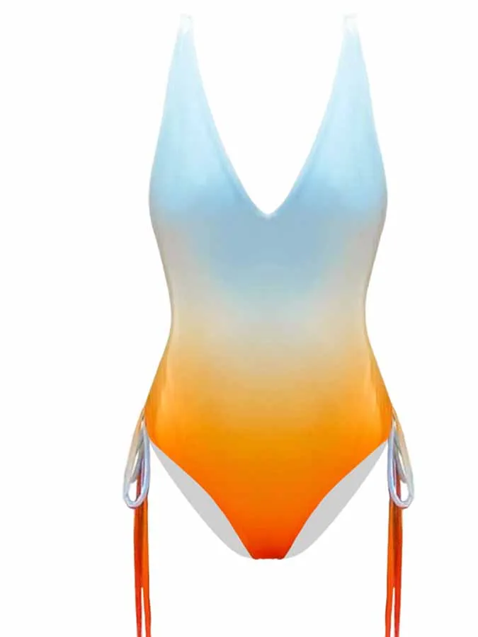 V Neck Gradient Bathing Suits Women Swimwear 2023 Fashion Print Dress Beach Style Swimsuit Vacation Sexy Beachwear Summer