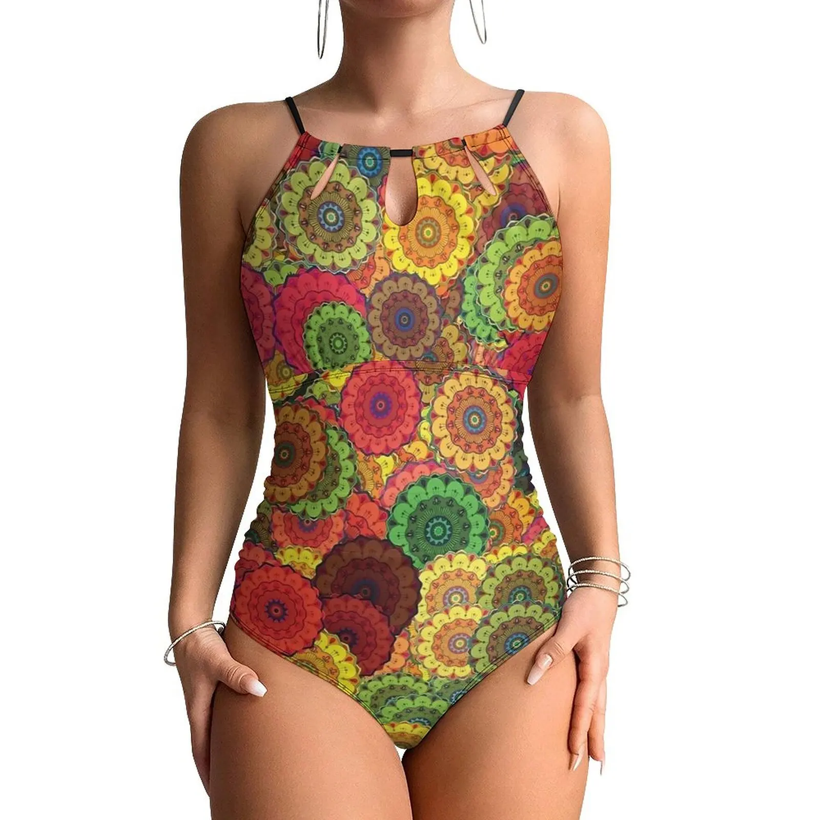 Vintage Flower Power Print Swimsuit Sexy  Woman Swimwear One Piece Stylish Bodysuit Surfing Push Up Halter Beach Wear