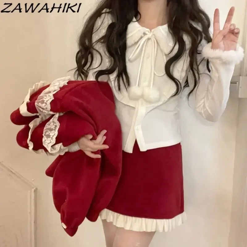 Shirt for Women Japanese Sweet Soft Furry Patchwork Solid Color Cute Log Sleeve Button-up Fall Winter Lace-up All Match Blouse