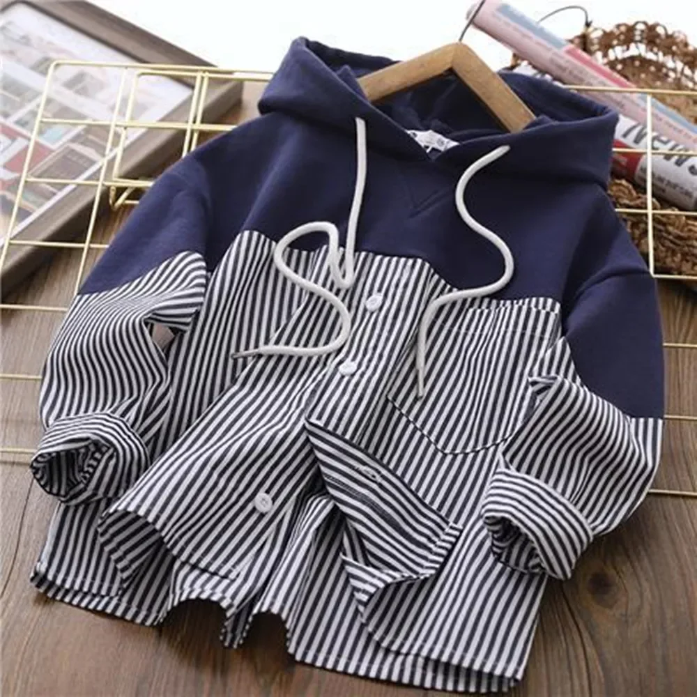 

Children's Clothing Boys' Long Sleeved Top Hooded Patchwork Striped Single Breasted Drawstring Spring Autumn 2023 5-14 Years Old