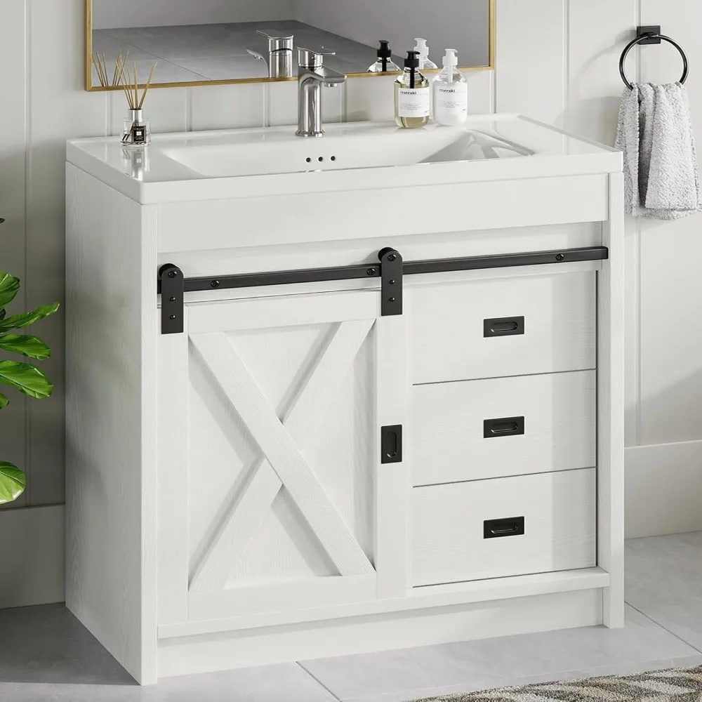 

Farmhouse Bathroom Vanity with Sink Combo,31" Bathroom Sink Cabinet with Drawers & Sliding Barn Door,Bathroom Vanity Cabinet Set