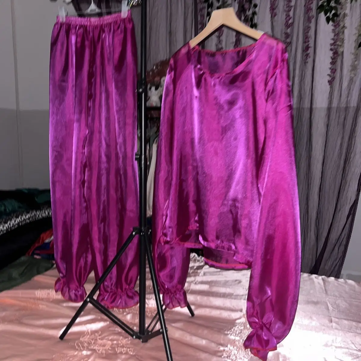 Glossy liquid water gauze organza pajamas two-piece set Women long sleeve loose sleeping plus size top pants