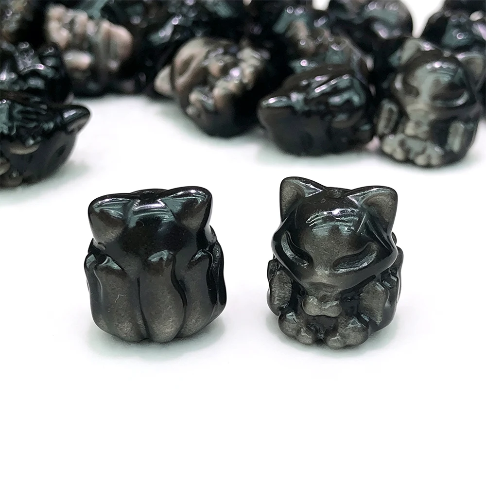 2pc/Lot Natural Stone Obsidian Carved Nine Tailed Fox Mini Crystal Carving Figurines Crystals Gemstone Statue Home Decor Mineral
