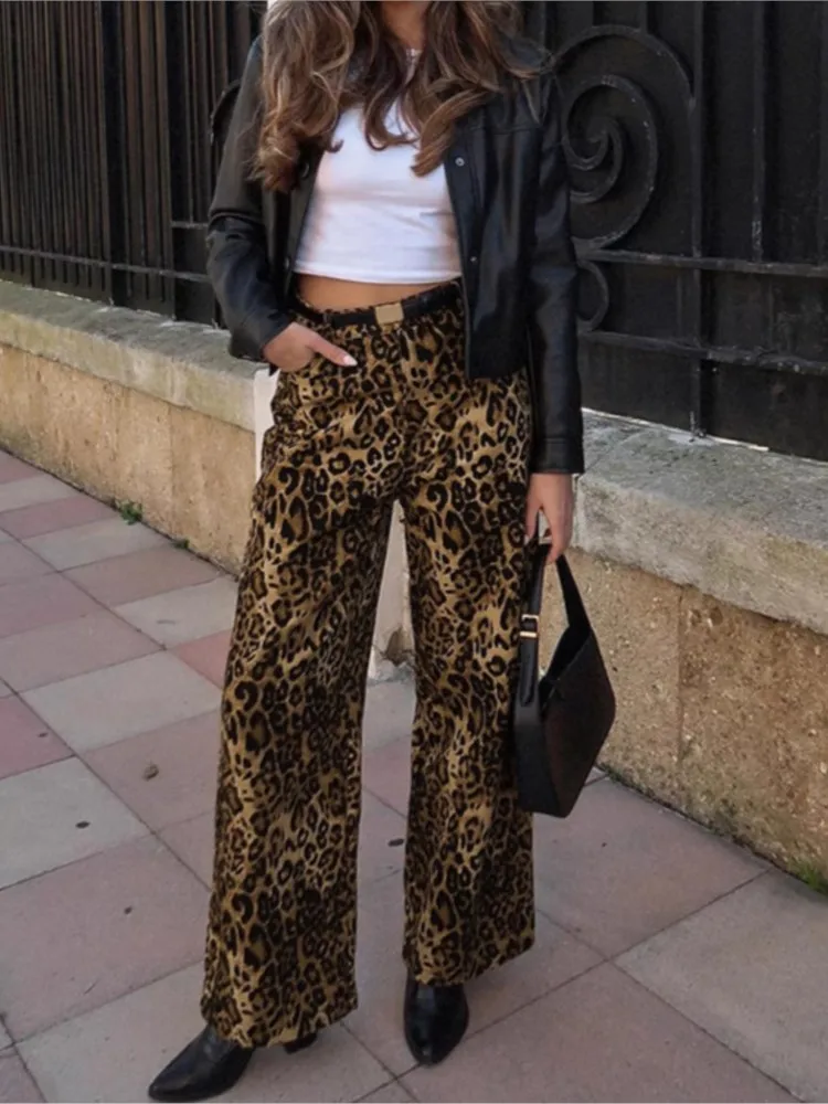 خريف موضة جديدة ريترو الساخن فتاة فضفاضة عالية الخصر ليوبارد سراويل تقليدية المرأة التنقل أنيقة تنوعا واسعة الساق بنطلون