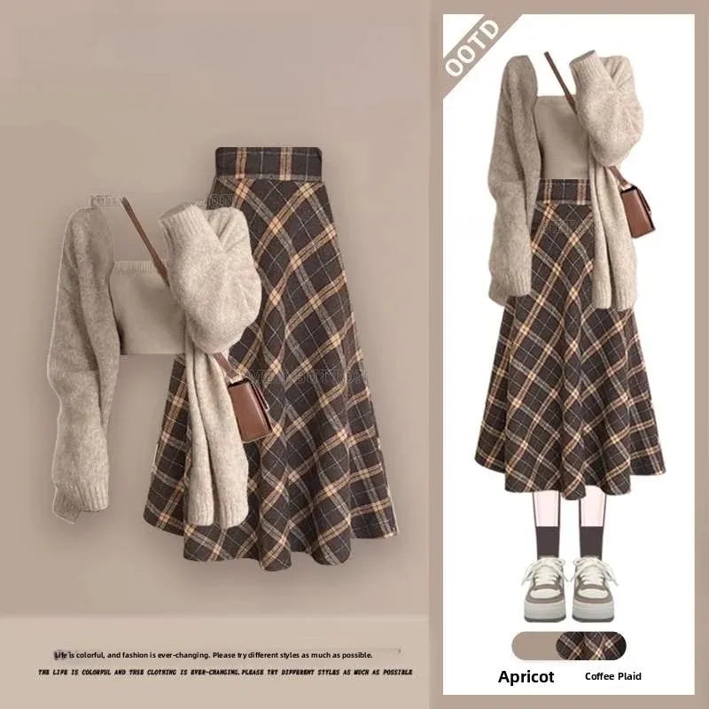 plus Size Women's Spring Knitted Set Slimming Outfit High Waist Plaid  Skirt Cardigan Inner Wear Three Piece Set