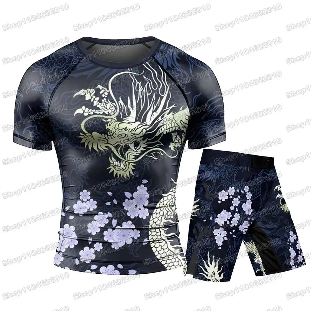 Cherry Blossom Dragon Rash Guards Surfing Jersey Beach Shirts Swimwear Diving Gym Shorts MMA BJJ Men Jiu Jitsu Fitness Sets