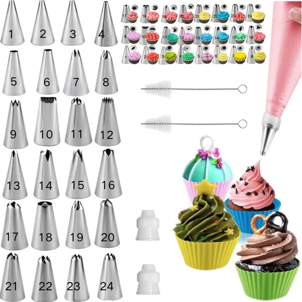 

Cake Decorating Kit with 24 Piping Tips, 2 Cake Decorating Mouth Brushes 2 Standard Couplers, White