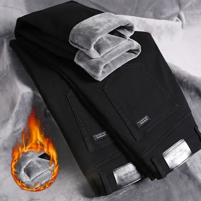 Men Fleece Winter Jeans Solid Color Warm Thick Denim Trousers Fashion Versatile Pants Business Office Outdoor Street Daily Wear  Factory Bulk Wholesale Affordable Denim Pants, Casual Loose Washed Long Trousers  Factory Wholesale Affordable Denim Pants