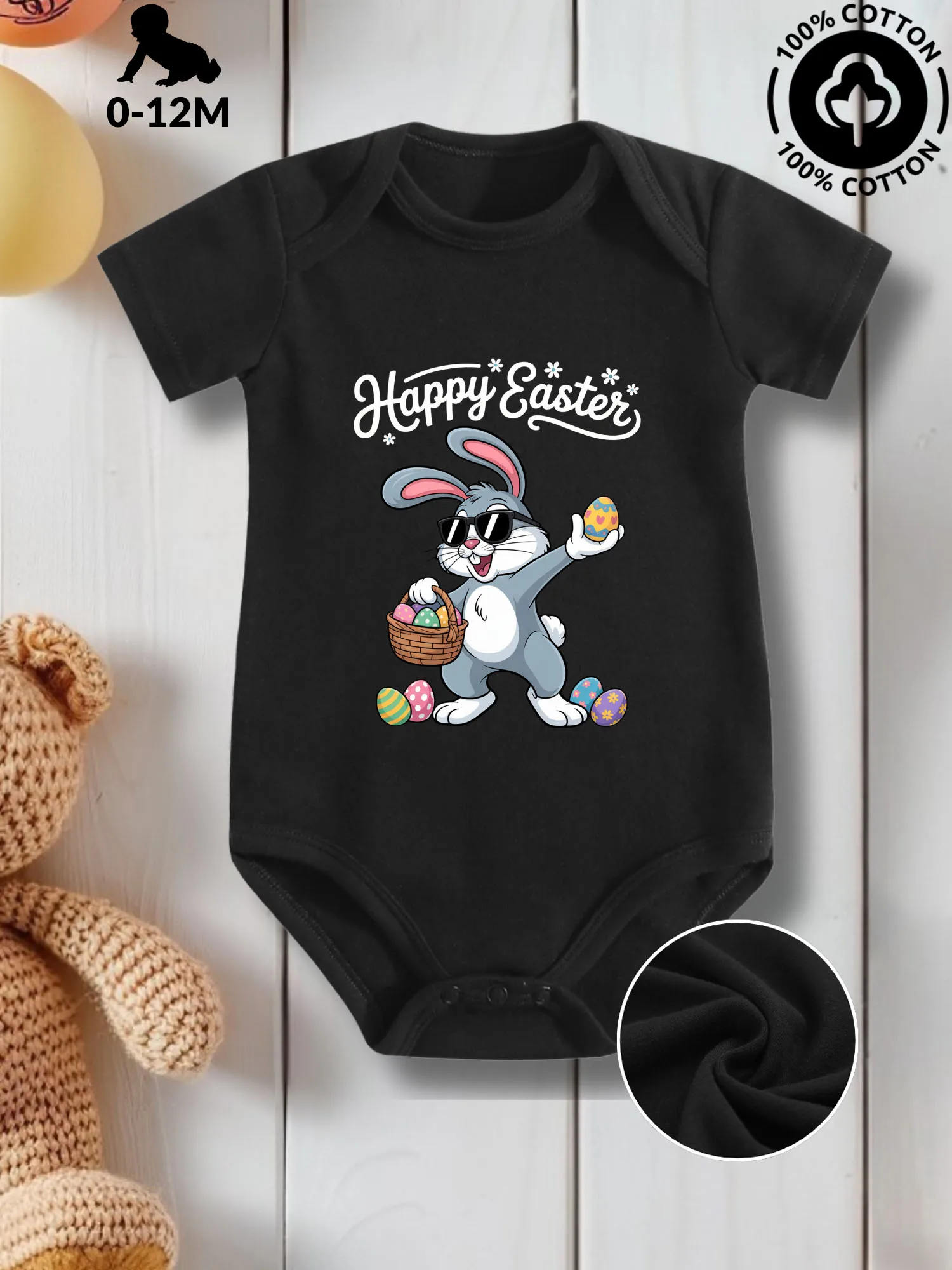 

Детский комбинезон-слип Hoppy Easter Bunny унисекс, из чистого хлопка, для ухода за кожей, всесезонный, черный, 190 г/м²