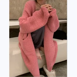 Women Korean Version of The New Retro Solid Color Loose Casual Long-sleeved Sweater Cardigan Lazy Soft Waxy Chunky Long Sweater