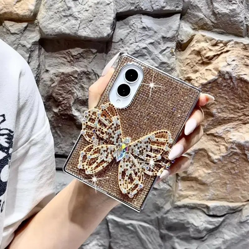 Luxury Sparkly Crystal Rhinestone Double Butterfly Phone Case for Samsung Galaxy Z Fold 8-3 Plating Frame Protective Cover