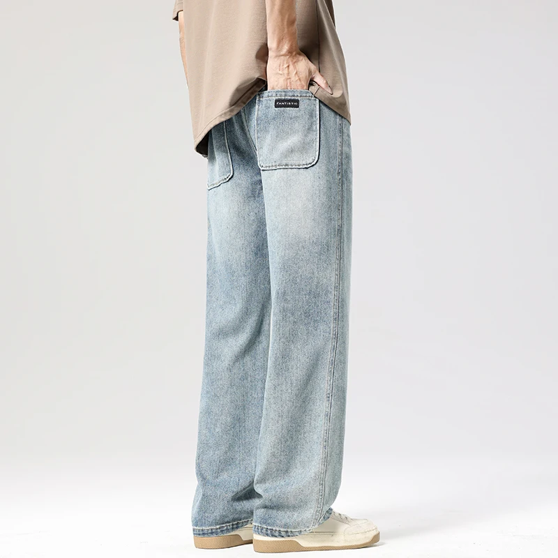 Pantalones vaqueros rectos informales de otoño para hombre, pantalones holgados Vintage con cintura elástica, pantalones anchos con personalidad azul claro, pantalones vaqueros para hombre