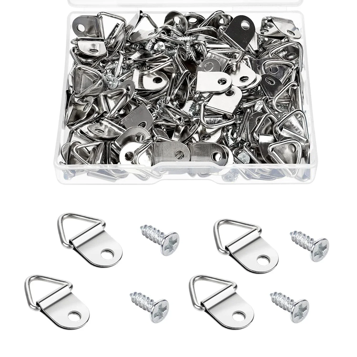 100 Sets Bilderaufhänger mit Schrauben, kleiner dreieckiger Ring, leichte D-Ringe für Uhr, Spiegel, Gemälde, Kunstwerke, Bilderrahmen – Detail 16