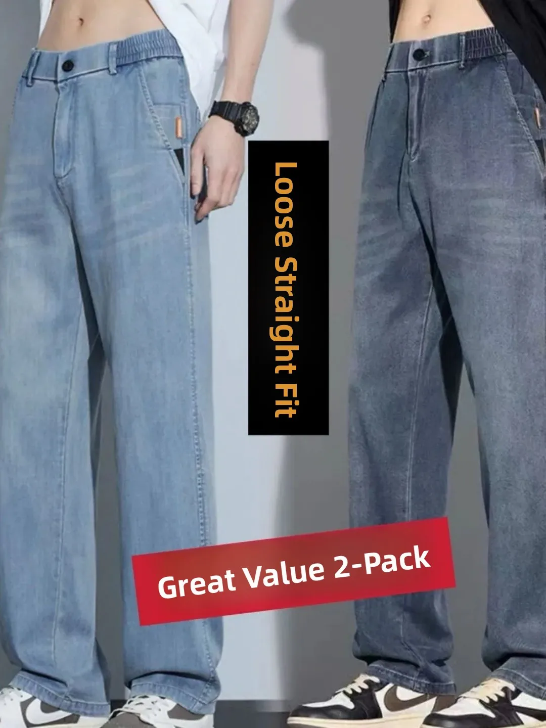 

Men's Casual Straight Leg Jeans Elastic Loose Fit Spring Autumn Faionable Youth Wide Leg Long Pants Cotton Stretch Denim