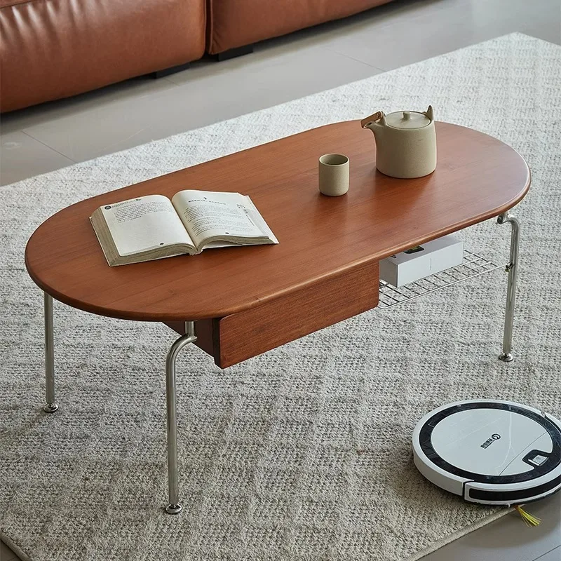 Coffee table living room household small apartment medieval retro oval solid wood with double-layer tea table balcony tea table