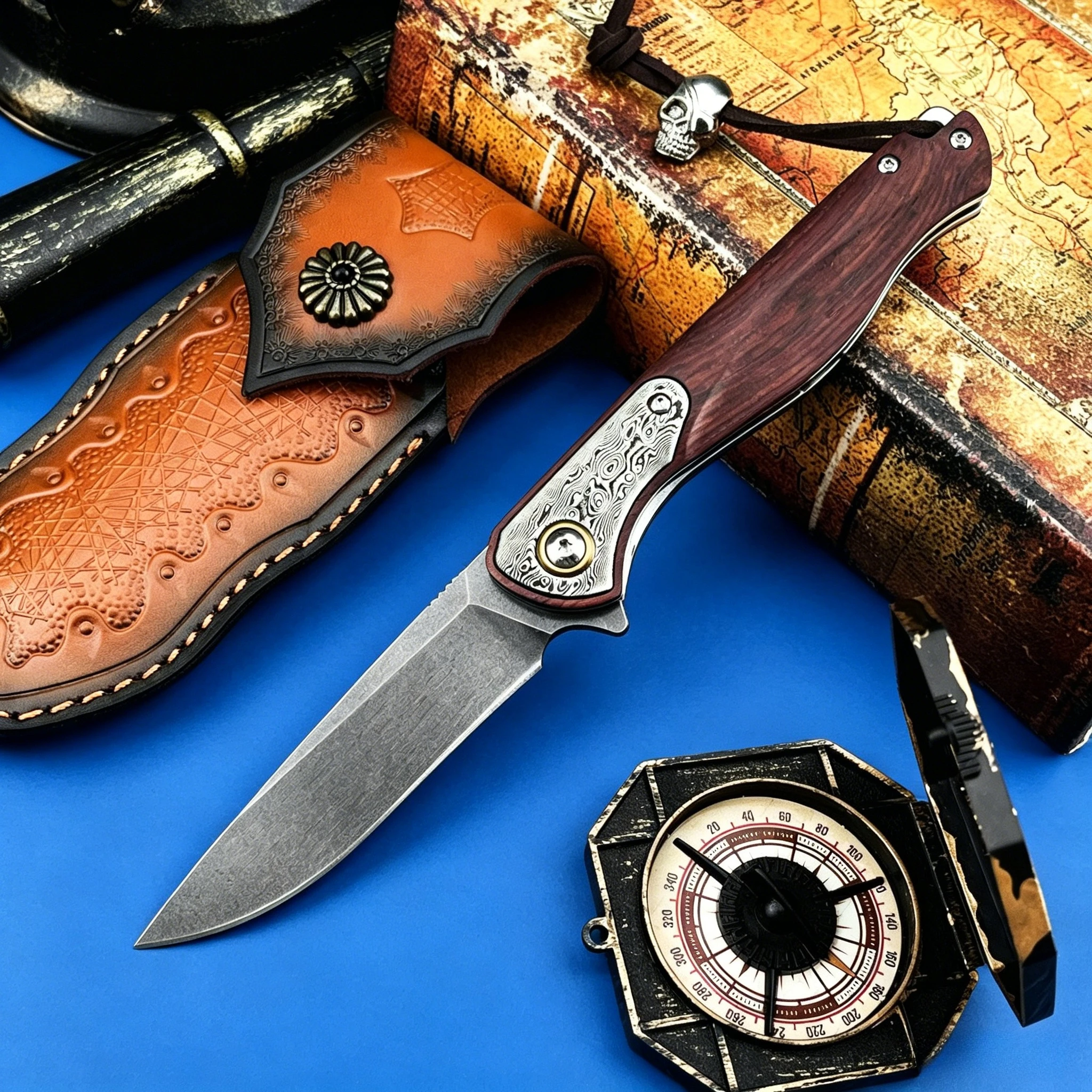 

High-end Folding Knife with A D2 Steel Blade and A Red Sandalwood Inlaid Handle—perfect for Outdoor Camping and As Gift EDC Tool