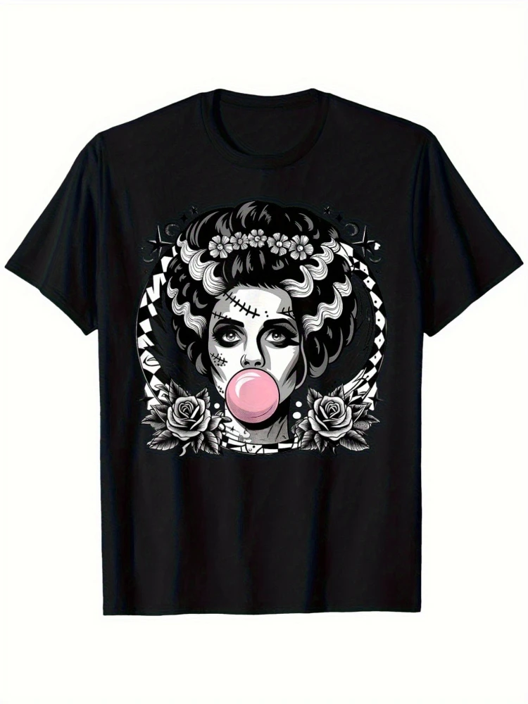 

Men's Frankenstein Monster & Bride's Bubble Gum Halloween T-shirt -100% cotton round neck T-shirt with floral print.