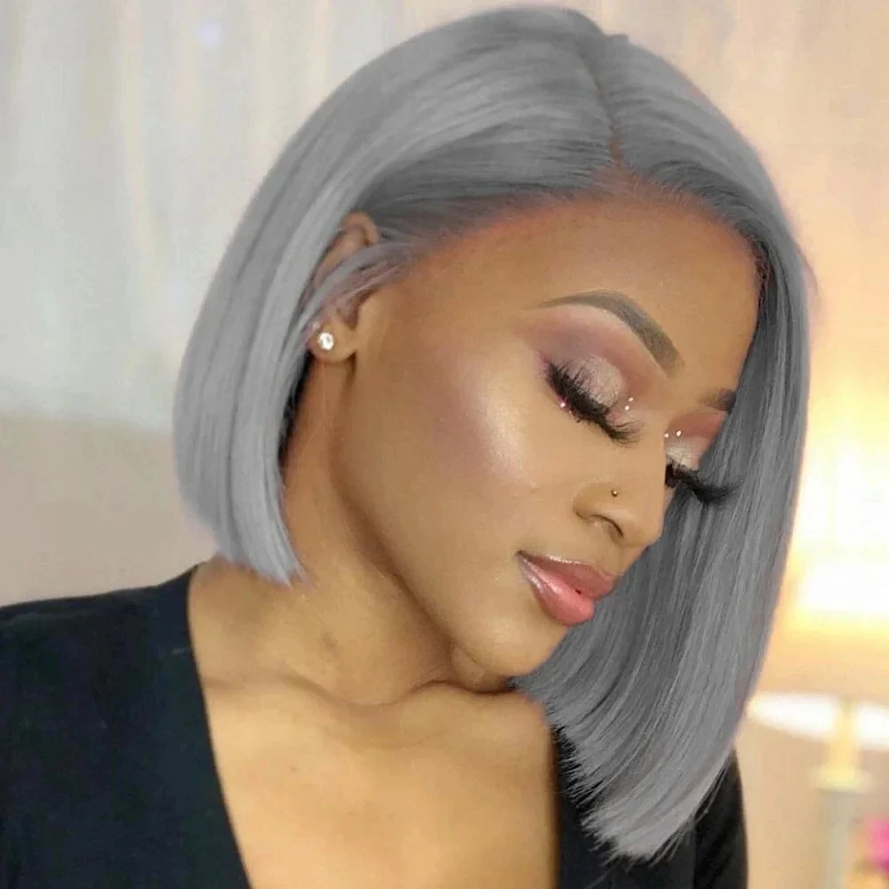 

Silver Grey Short Bob Wig Straight 13x4 Lace Front Human Hair Transparent Wig for Black Women Bob Style Wig on Sale