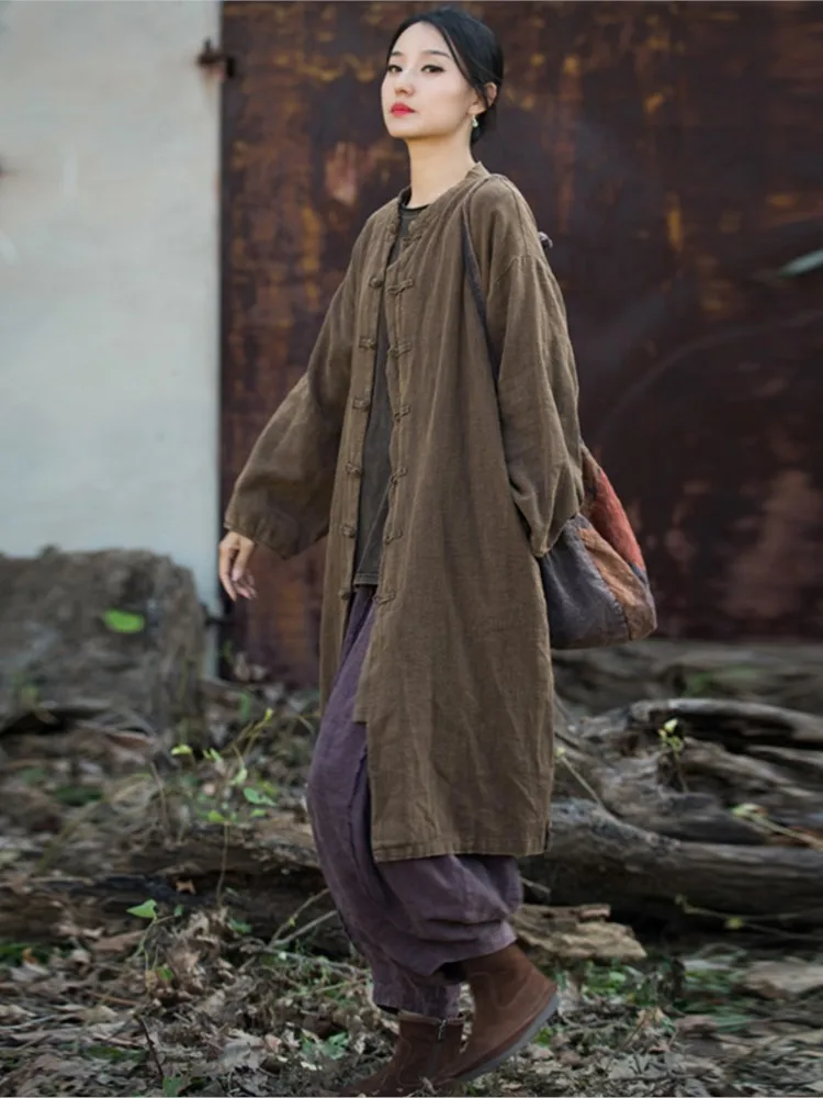 Chaquetas largas de algodón y lino para mujer, abrigo Retro holgado e informal con botones, combina con todo, otoño e invierno, 2023