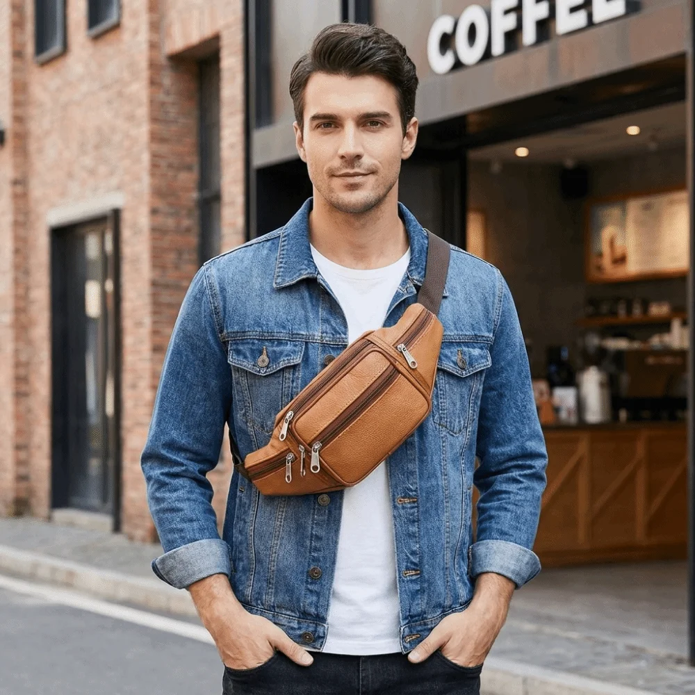 Adjustable Strap PU Leather Waist Bag Multi Pockets Compartment Fanny Pack Lightweight Dual Purpose Crossbody Chest Bag Travel