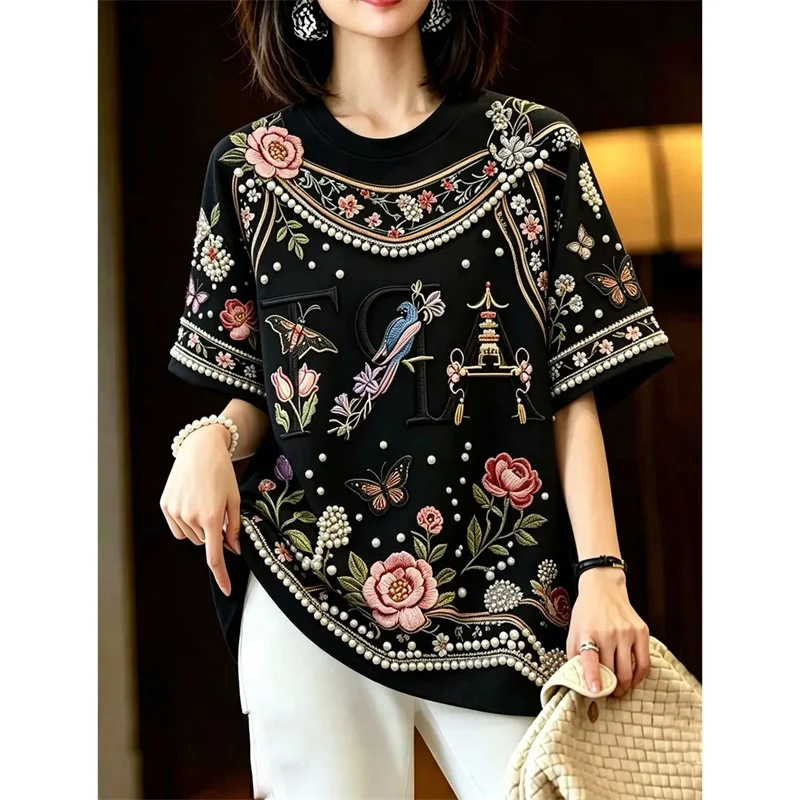Fashion Heavy Industry Trend Wind Nail Beads T-shirt Man Women T-shirt Blouse 2026 New Summer Printed Short Sleeved T-shirt Top