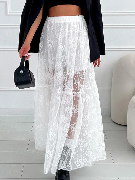 Jupe longue en dentelle pour femmes, ample et décontractée, taille haute, ligne a, longueur au sol, robe à gros volants, Collection d'été