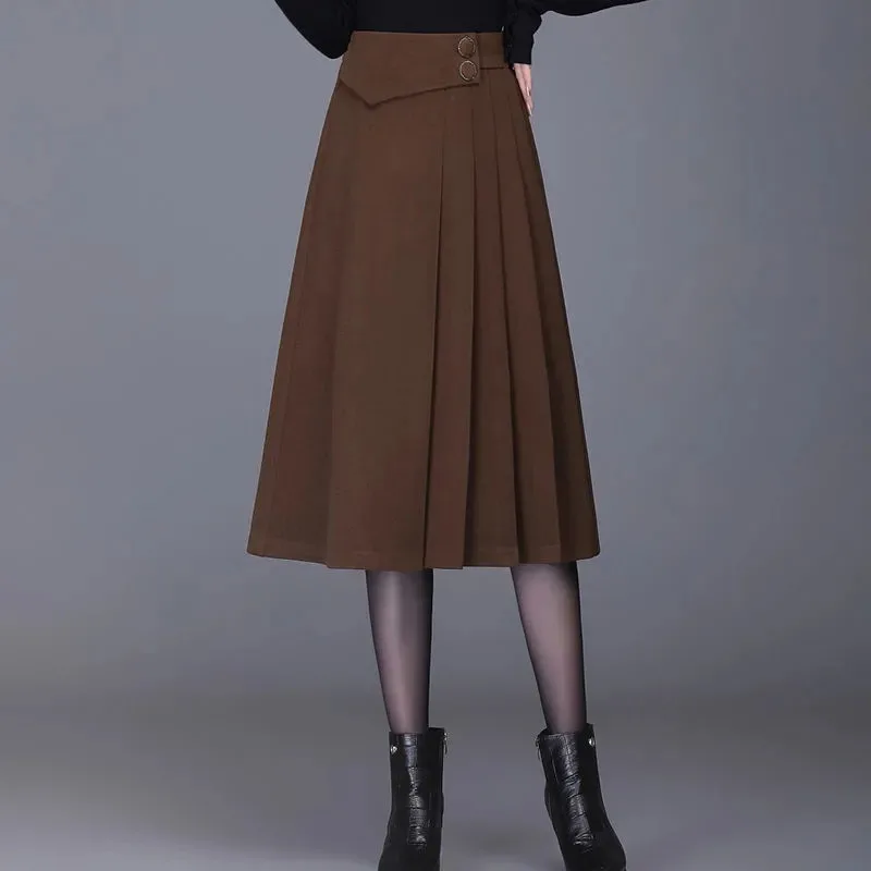 Woolen Pleated Skirt Women's Autumn Winter New High-waist Slimming Belly-covering A-line Skirt Mid-length Fashionable Skirt