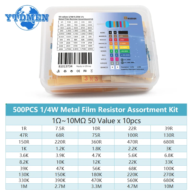 300-600PCS 1/4W Kit de resistor de filme de metal 10 Ohm ~ 1M 1R-10M Resistência 1% 0,25w Conjunto de resistores