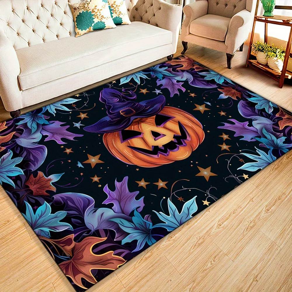 Pumpkin Pattern Polyester Area Rug, Large Halloween Themed Crystal Velvet Carpet Mat for Living Room, Dining Room, Bedroom, Offi