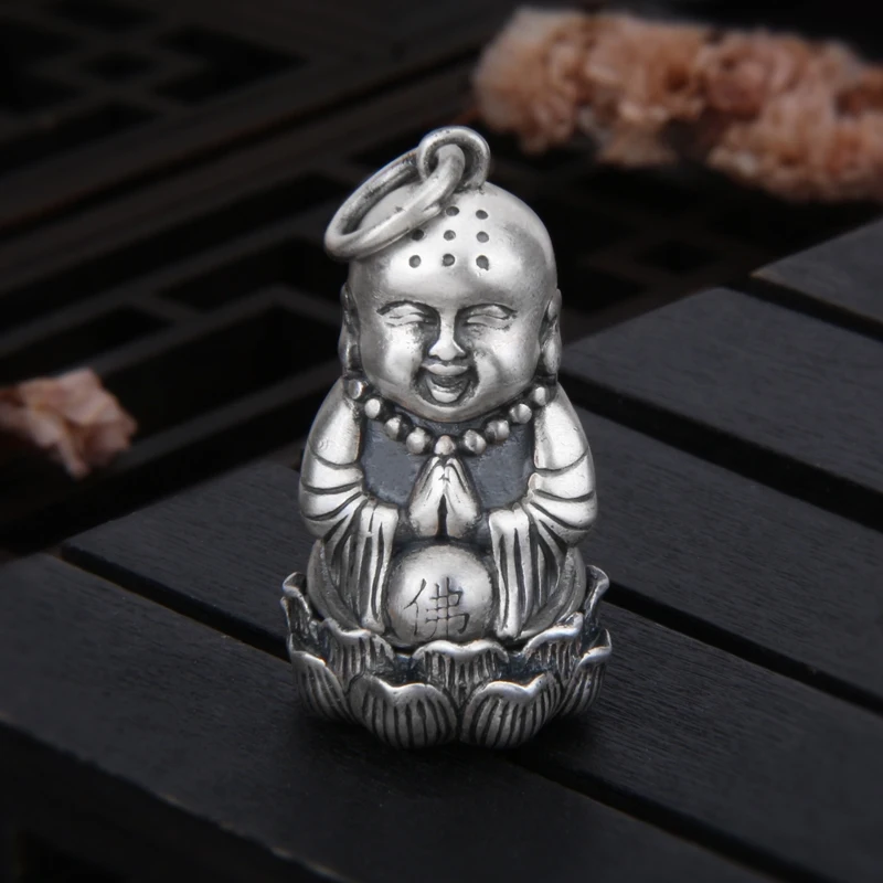 Real Pure S999 Fine Silver Lotus Monk Smiley Buddha Box Pendant Bless Men Women Lucky Gift 23.2g