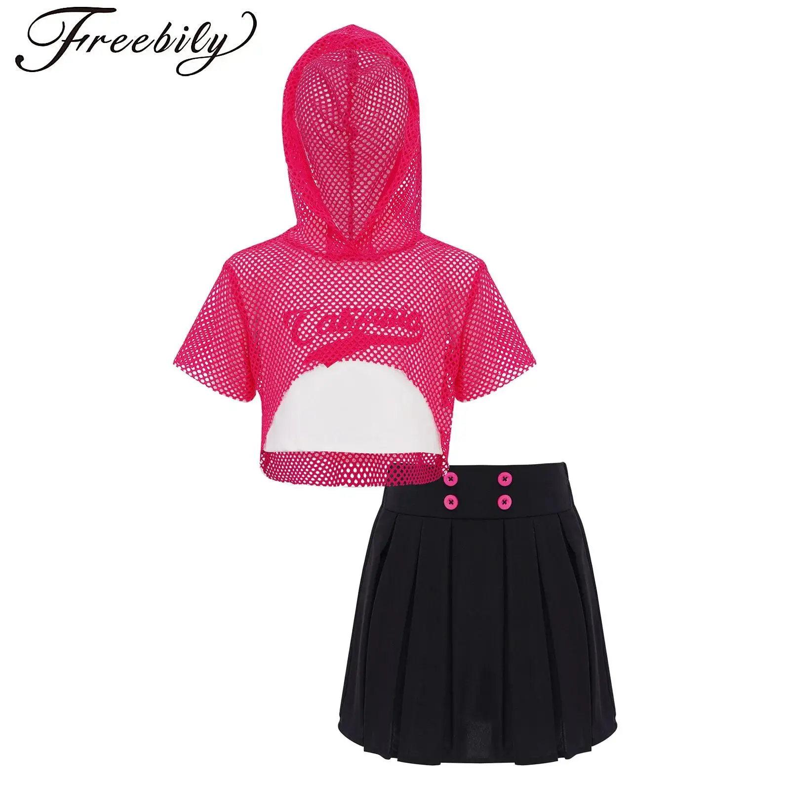 

Hip Hop Girls Jazz Dance Outfit Hollow Out Mesh Hoodie Crop Tank Tops with Letter Printed Vest And Pleated Skirt Set Street Wear