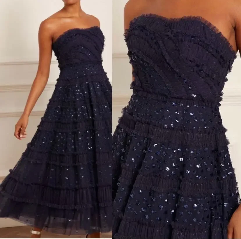 

OLOEY Shiny Navy Blue Ruffles Evening Dresses Sweetheart Sparkly Ankle Length Dubai Arabic Women Prom Gowns Formal Party Dress