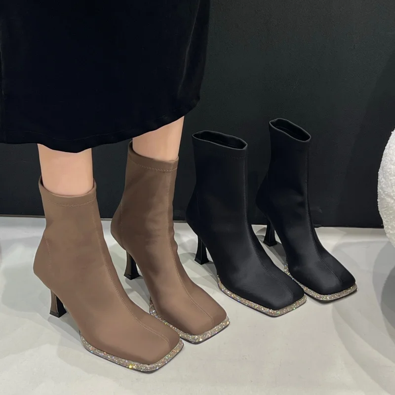 

2025 Autumn Korean Style Personality Square Toe Rhinestone Decorated Lycra Material Stiletto Elegant Slim Short Boots