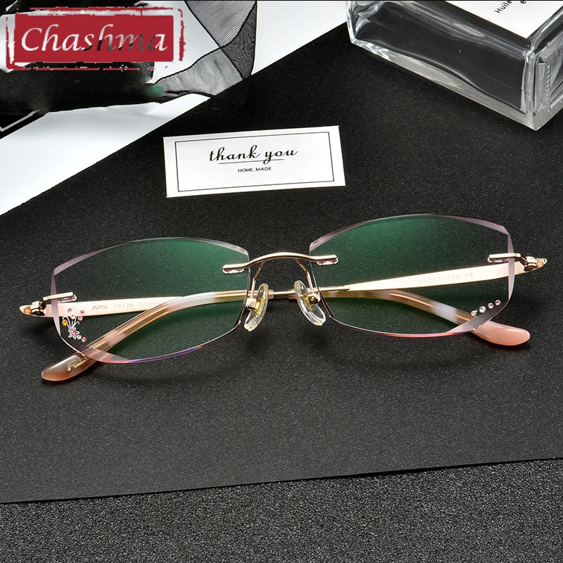 Women Rimless Eyeglasses Luxury Engraved Tint Crystal Titanium Glasses Frame Prescription Spectacles Customize Lenses