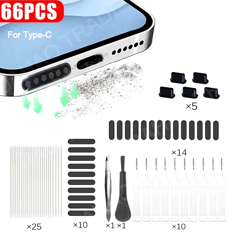 66PCS Mobile Phone Speaker Charging Port Cleaning Set Dust Plug for iPhone 16 15 14 Earphones Clean Kit Brush for Samsung Xiaomi