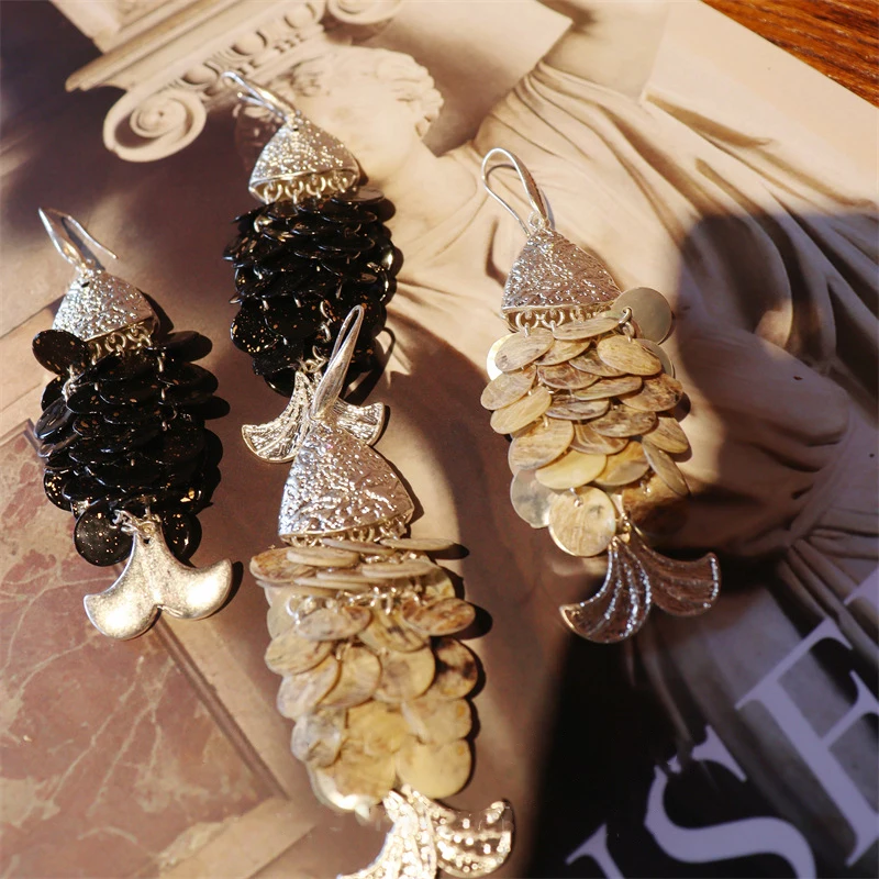 

Retro shell tassel fish scale earrings for women Fishtail romance long accessory