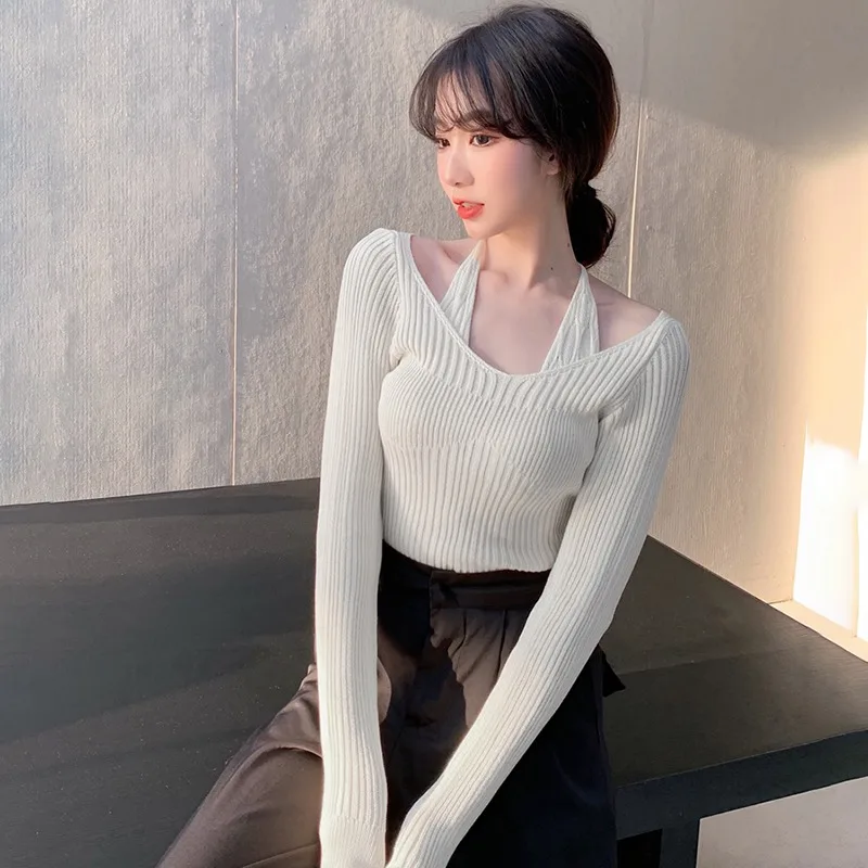 Womens Knit Sweater Off Shoulder Knitted Pullover Jumper Sweaters Sexy Knit Halter Neck Tops Autumn Spring