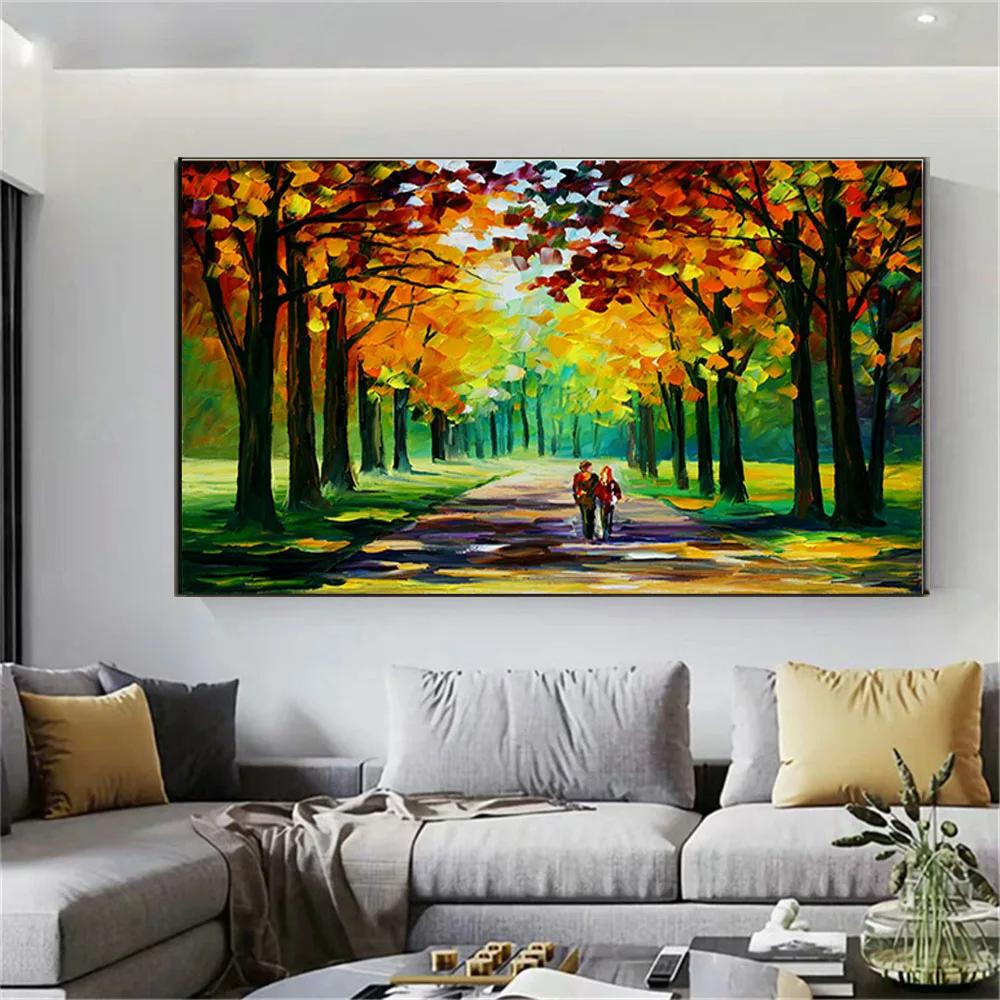 100% handmade color mixing knife, large landscape wall art, city street tree, oil painting, canvas, abstract painting, decoratio