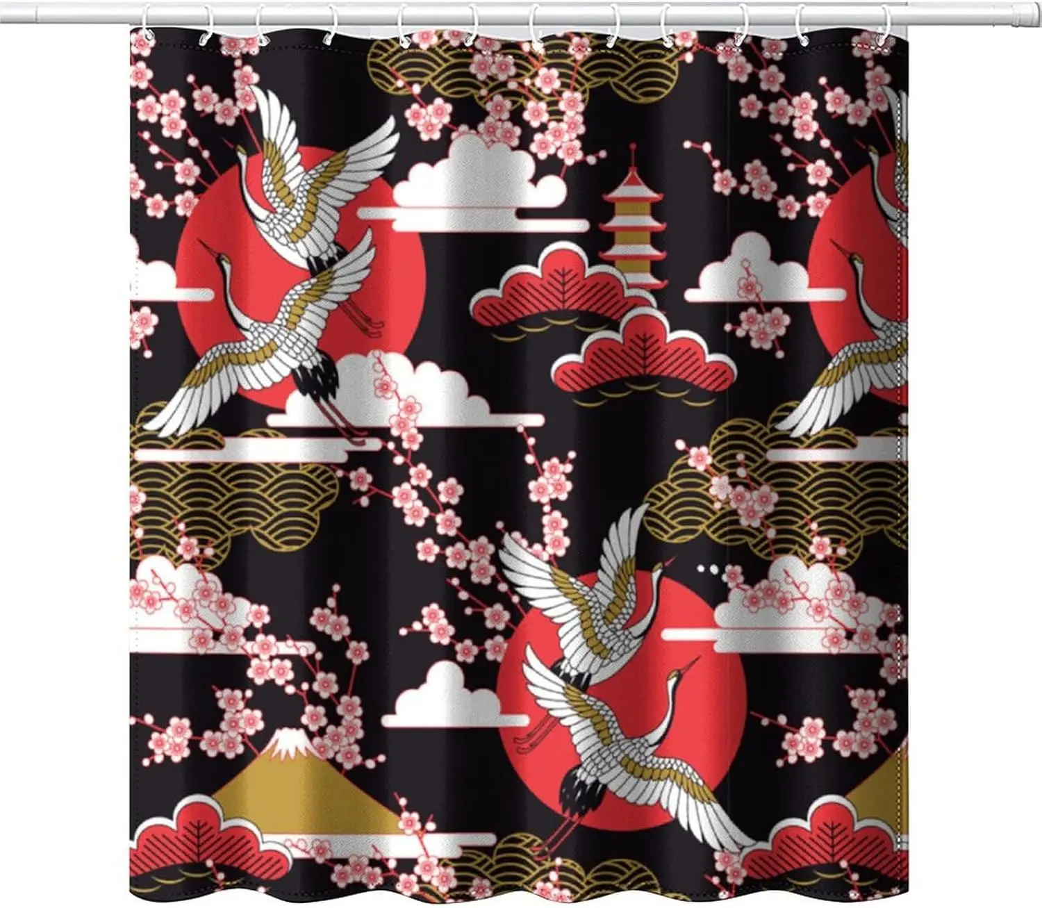 

Cranes Shower Curtain Japanese Style Crane Cherry Blossom Red Sun Shower Curtain Black Background Oriental Art Decor