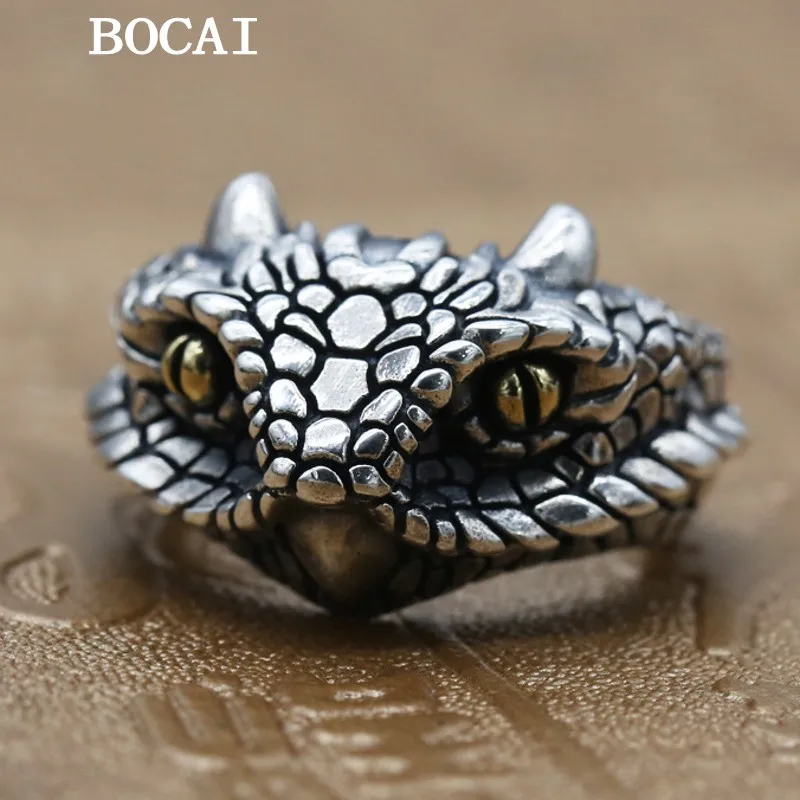 BOCAI  New S925 Sterling Silver Retro Exaggerated Personality Dominating Python Scale, Open Ring Men's Gift