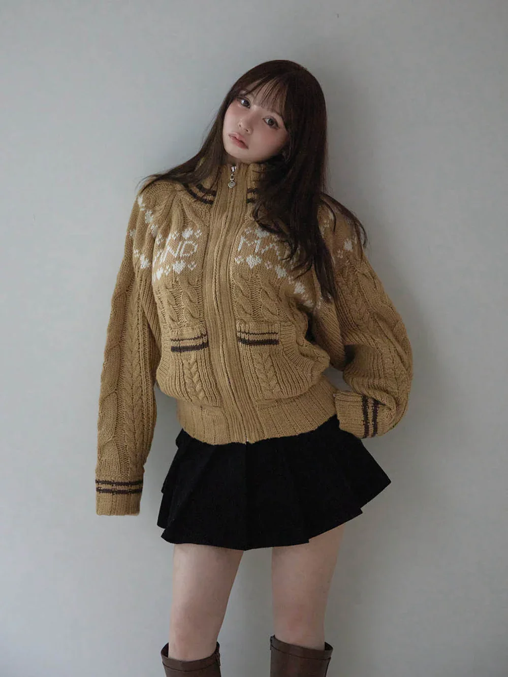 Jaket Sweater Rajut Motif Hati dan Huruf, Tekstur Baru Musim Dingin, Retro, Resleting, Cardigan Rajut Lengan Panjang, Longgar, Kasual