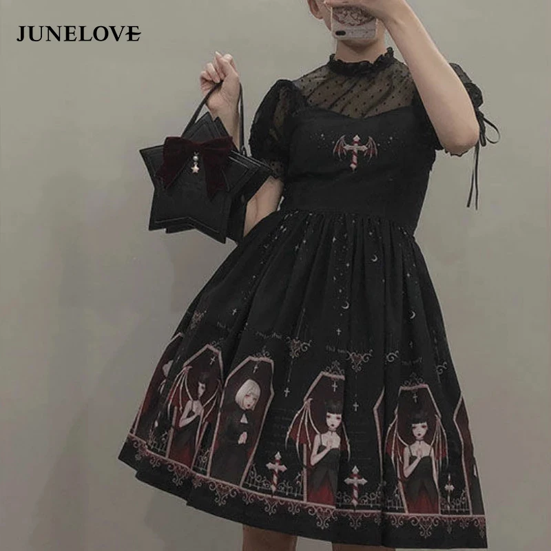 angelic pretty black dress Black Lace Cool Angel Short Sleeves Bowknot Ruffle Gothic Lolita Dress   LolitaInside