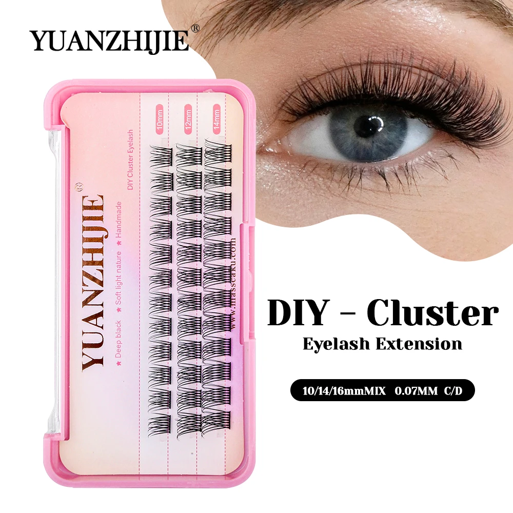 

YUANZHIJIE Customized Private Label Ribbon Fluffy DIY Clusters Lashes 10-14mm Mix Size Natural Looks Russian Volume Lash Trays