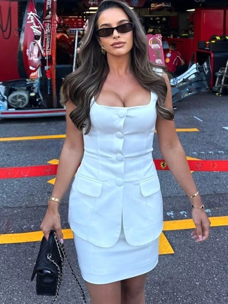 

FDYOUI 2025 Autumn Sleeveless Buttons Blazer Tops+Pencil Skirts White Two Piece Set Women Elegant Short Dresses Suit High Street