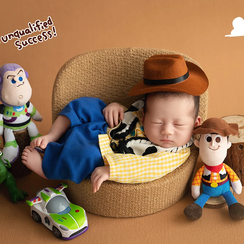 Newborn Photography Clothing Cartoon Baby Shoot Props Cowboy Style Hat + Shirt + Pants Set Cute Doll Dinosaur Toy Studio Photo