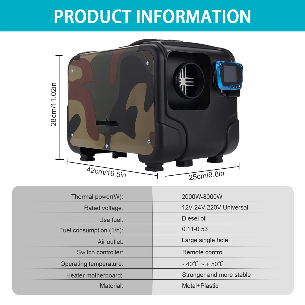 Calefator de ar diesel portátil com Bluetooth, calefator do estacionamento 3 in-1 para o reboque, campista, barco, 2-8kW, 12V, 24V, 220V