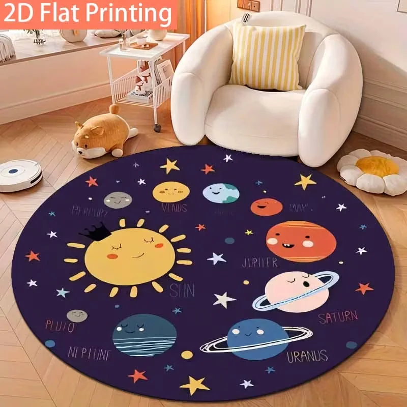 Solar System Planet Alphabet Round Rug Educational Play Mat Non Slip Soft Circular Carpet for Playroom Bedroom Decor