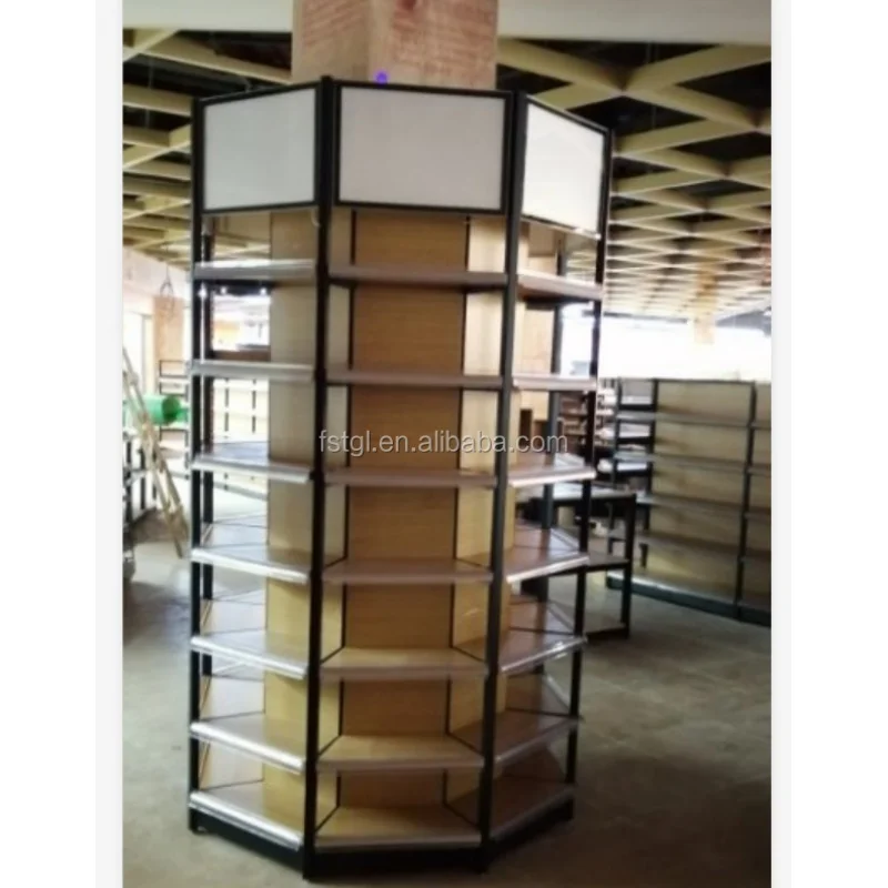 (customized)Shop Corner Display Rack Column Display Rack Supermarket Wooden Double-sided Wood Corner Shelf Metallic Heavy Duty 5