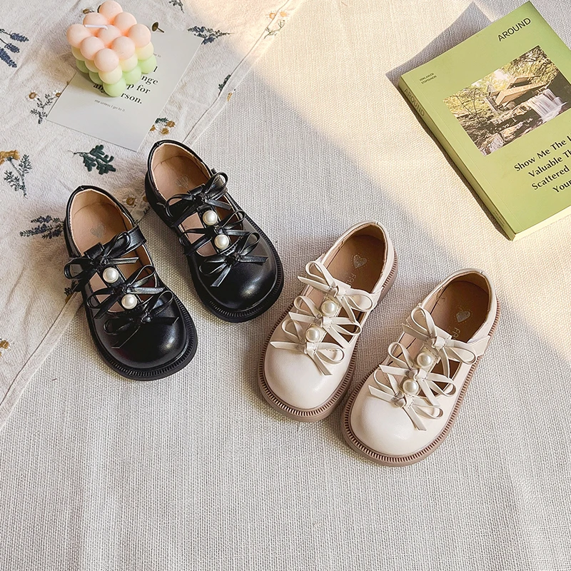

Spring Girl's Princess Shoes Pearl Bowknot Chunky Cute Kid's Flat Shoe Solid Colors Anti-slip Fashion Daily Children Shoes 4-6Y
