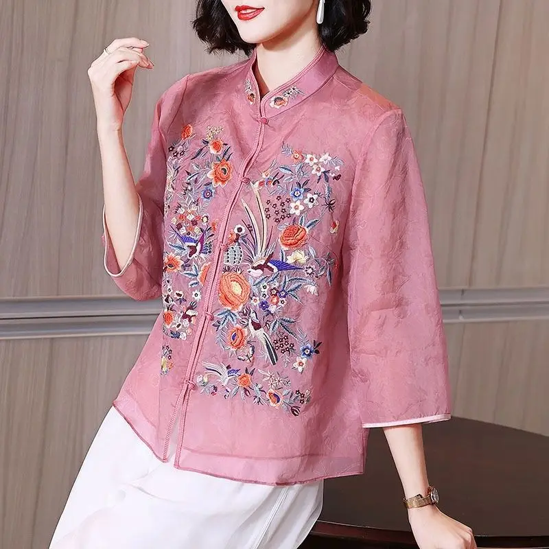 

2025 Pregnant Women's Chiffon Top New Spring 2025 Maternity Small Shirt Chinese Style Simple Embroidery Cheongsam Top LH121